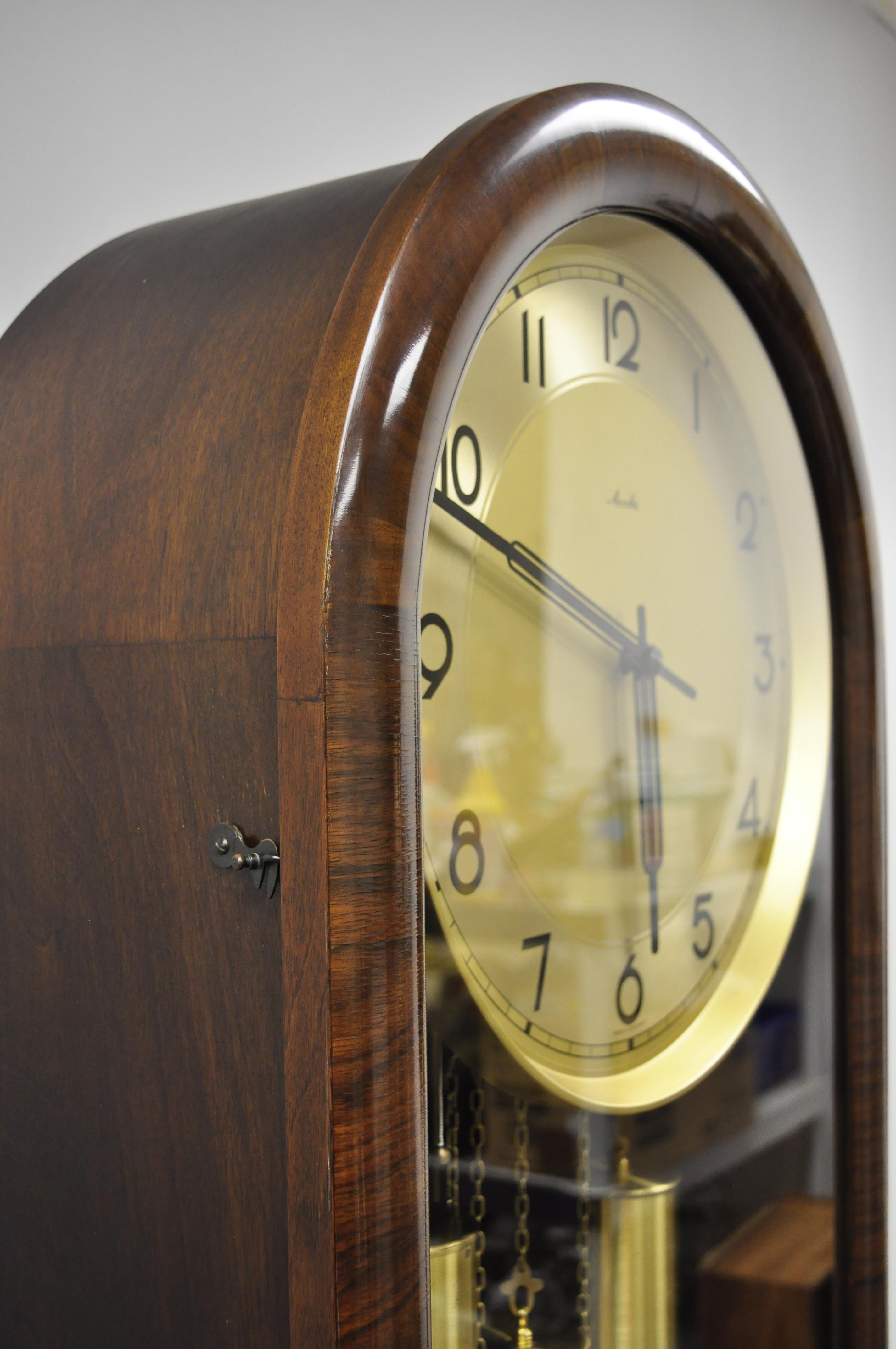 German French Art Deco Dome Top Mahogany Grandfather Clock by Mauthe Westminster Chime
