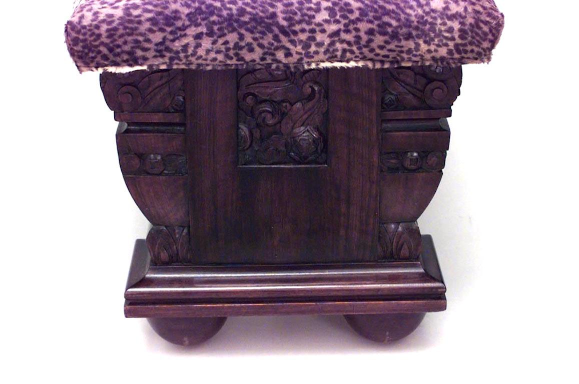French Art Deco palisander wood double pedestal base rectangular bench with stretcher & carved floral supports and faux leopard upholstered seat.
