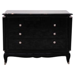French Art Deco Dresser in Black Lacquer with Polished Nickel Hardware, 1940s