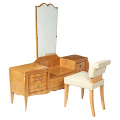 Vintage French Art Deco Dressing Table and Stool in Sycamore