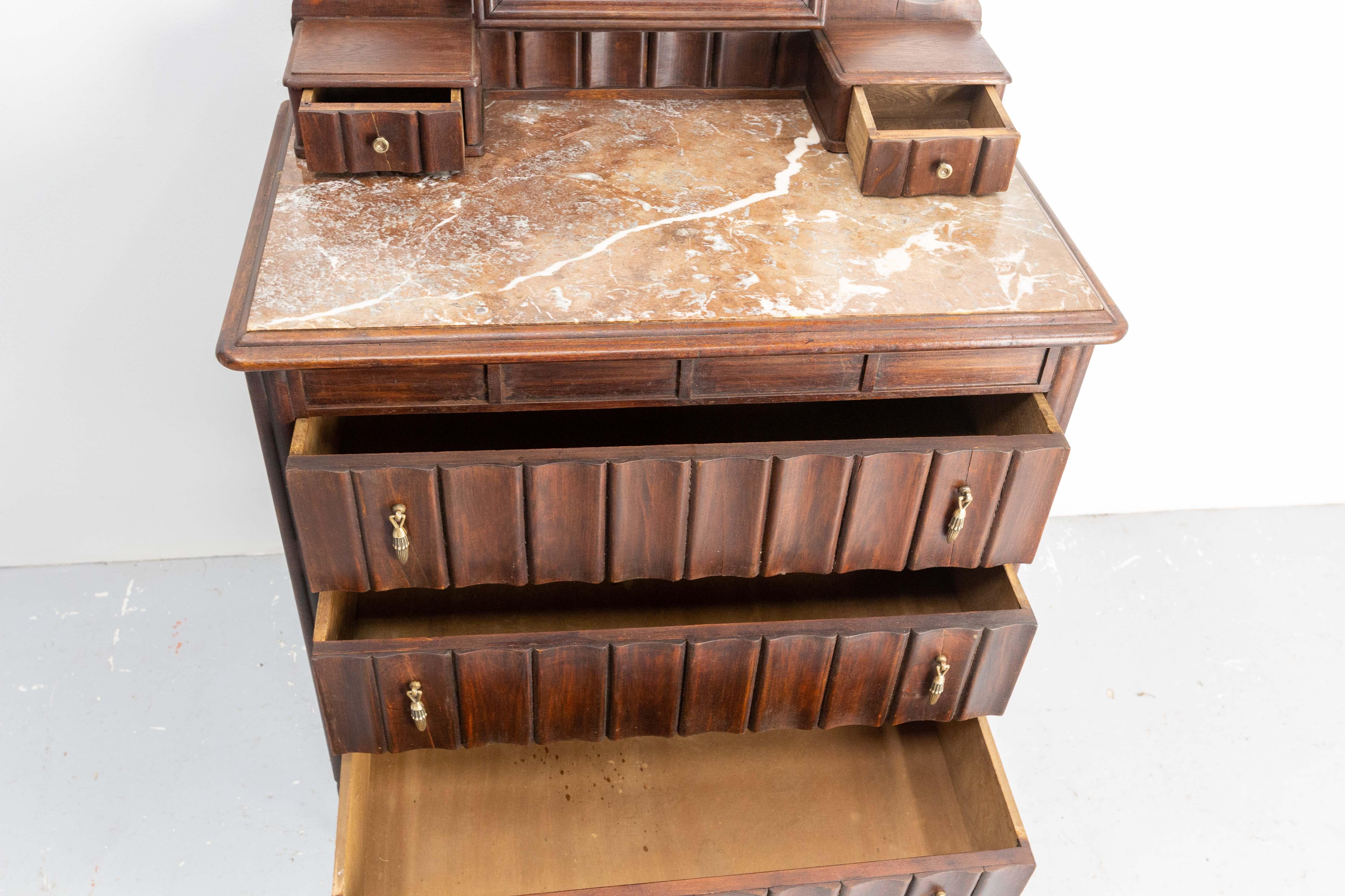 Mid-20th Century French Art Deco Dressing Table Vanity Unit with Drawers Marble & Mirror, c. 1930 For Sale