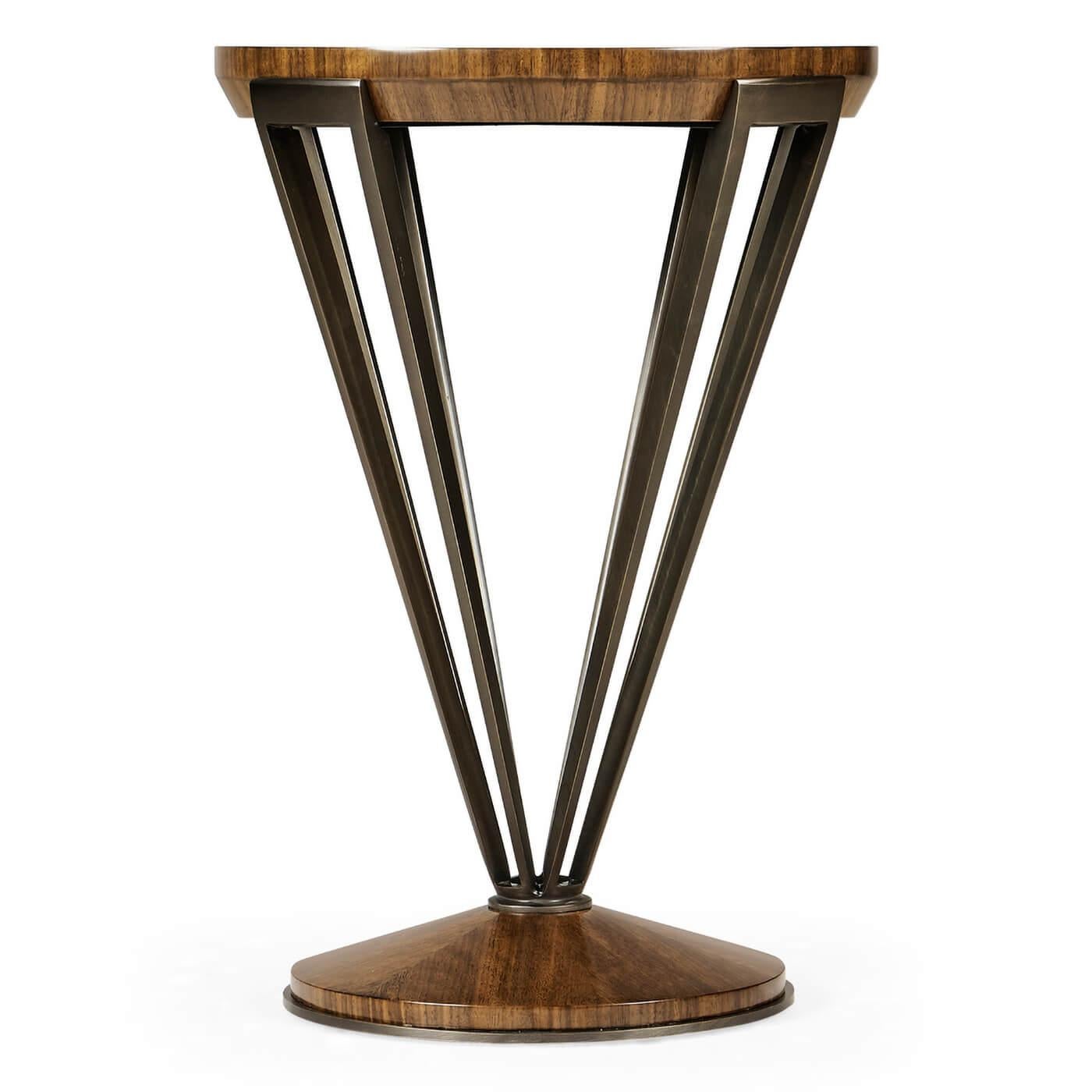 French Art Deco style drinks table with a walnut rayed top with a transparent lacquer finish with a brass tapered pedestal having an acid dipped and hand-rubbed finish creating a wonderful soft patina.

Dimensions: 15 3/8