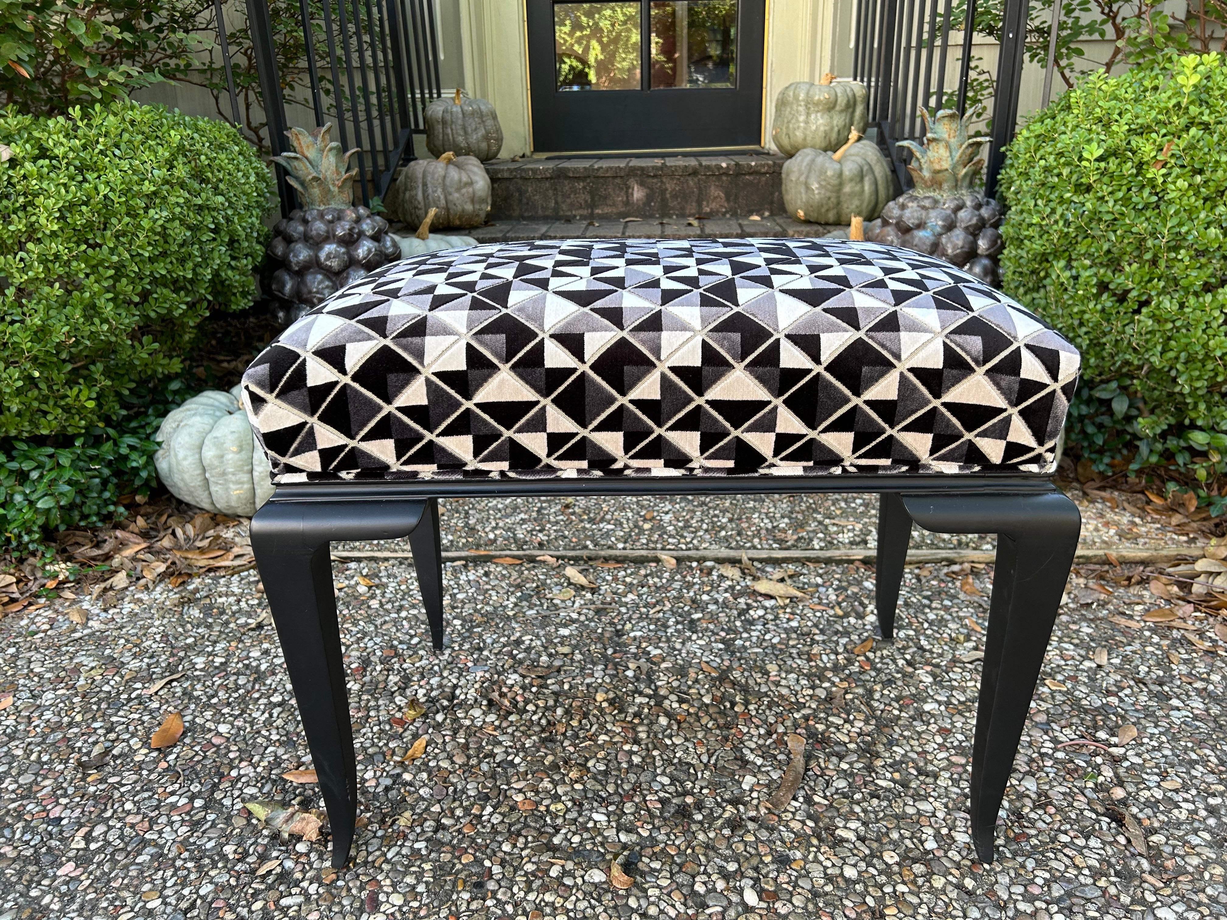 French Art Deco Ebonized Bench By Jules Leleu.
This stunning French Art Deco ebonized bench or ottoman designed by Jules Leleu has beautifully curved legs and is professionally upholstered in a geometric cut velvet fabric.
Stunning!