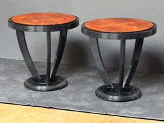 French Art Deco Ebonized Round Side Table with Burl Walnut Top - Two Available