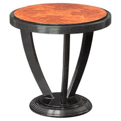 French Art Deco Ebonized Round Side Table with Burl Walnut Top - Two Available