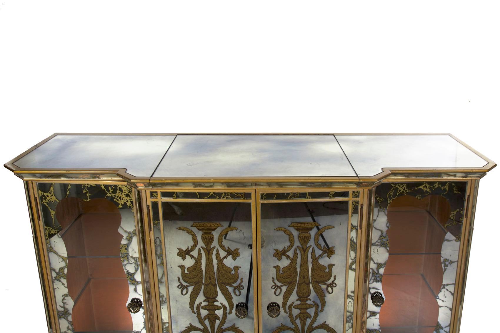 Glass French Art Deco Eglomisé Smoked Mirror Bar Server Console, circa 1940s