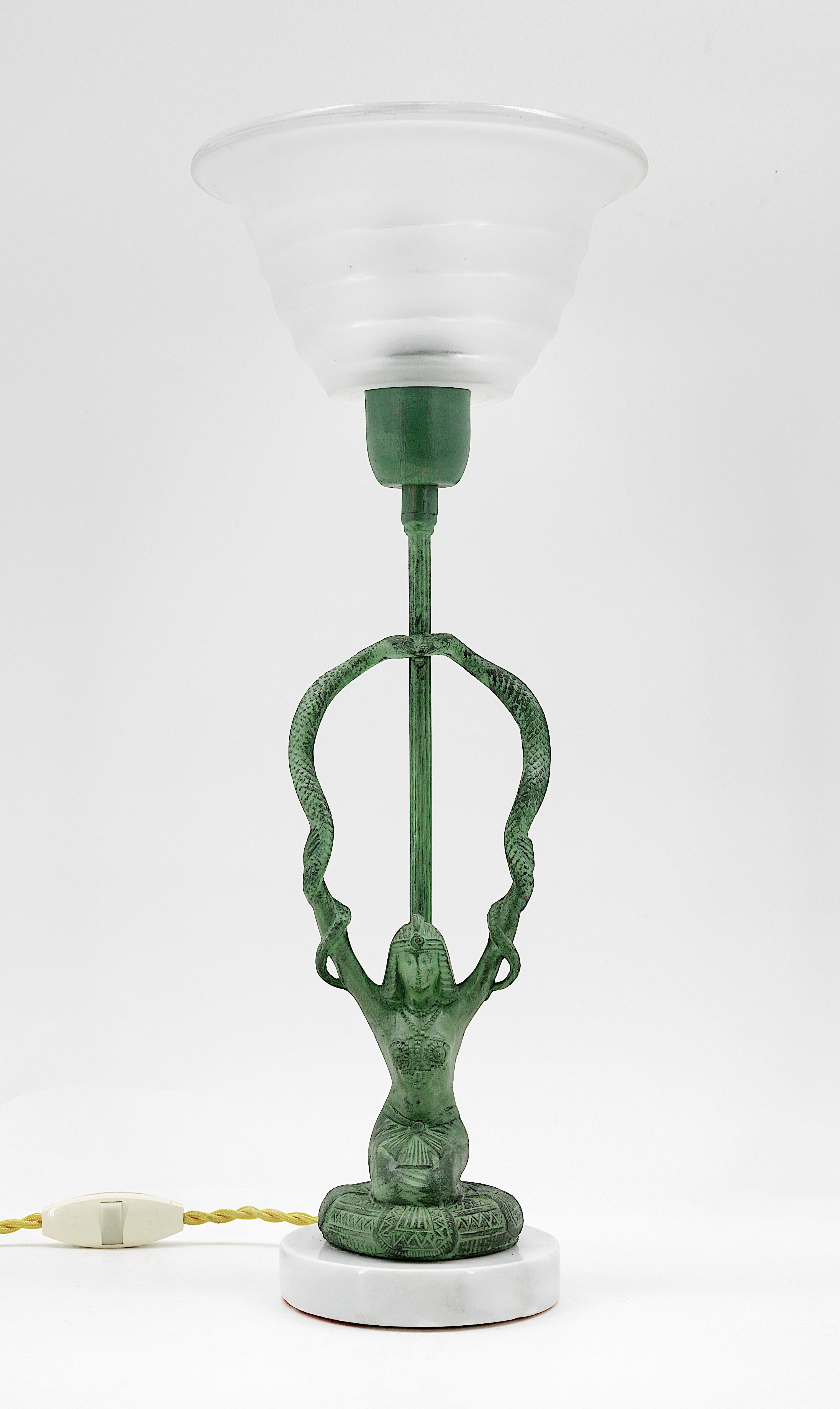 Frosted French Art Deco Egyptian Sculpture Table Lamp, 1930s For Sale