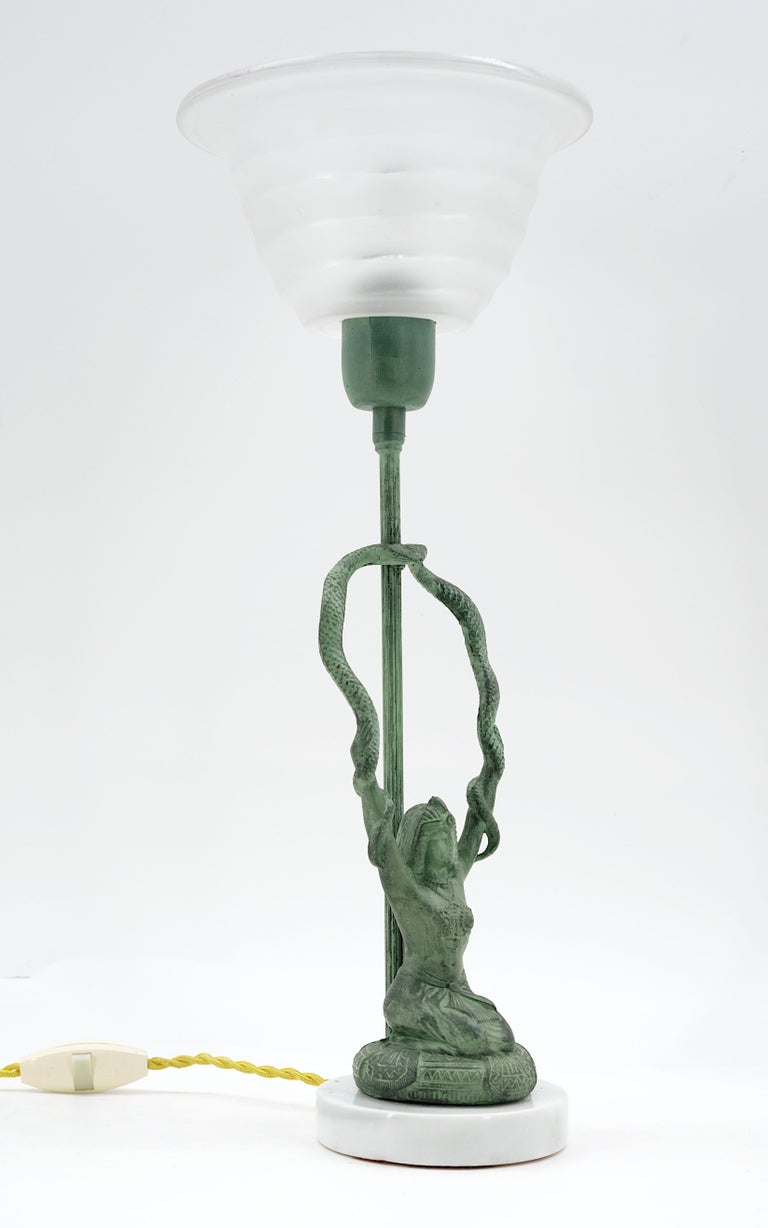 Spelter French Art Deco Egyptian Sculpture Table Lamp, 1930s For Sale