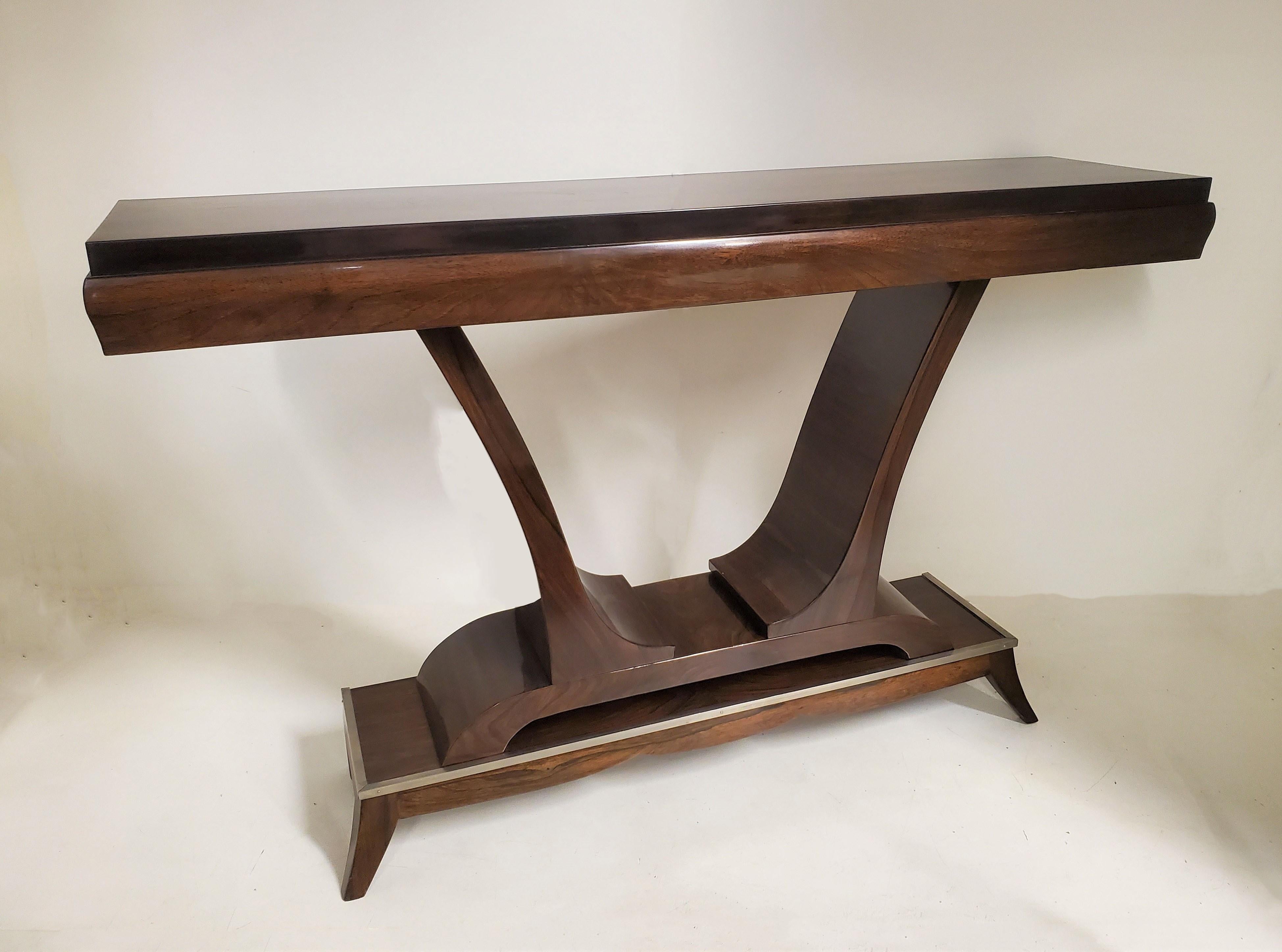  French Art Deco elegant palisander and walnut console with nickeled trim 6