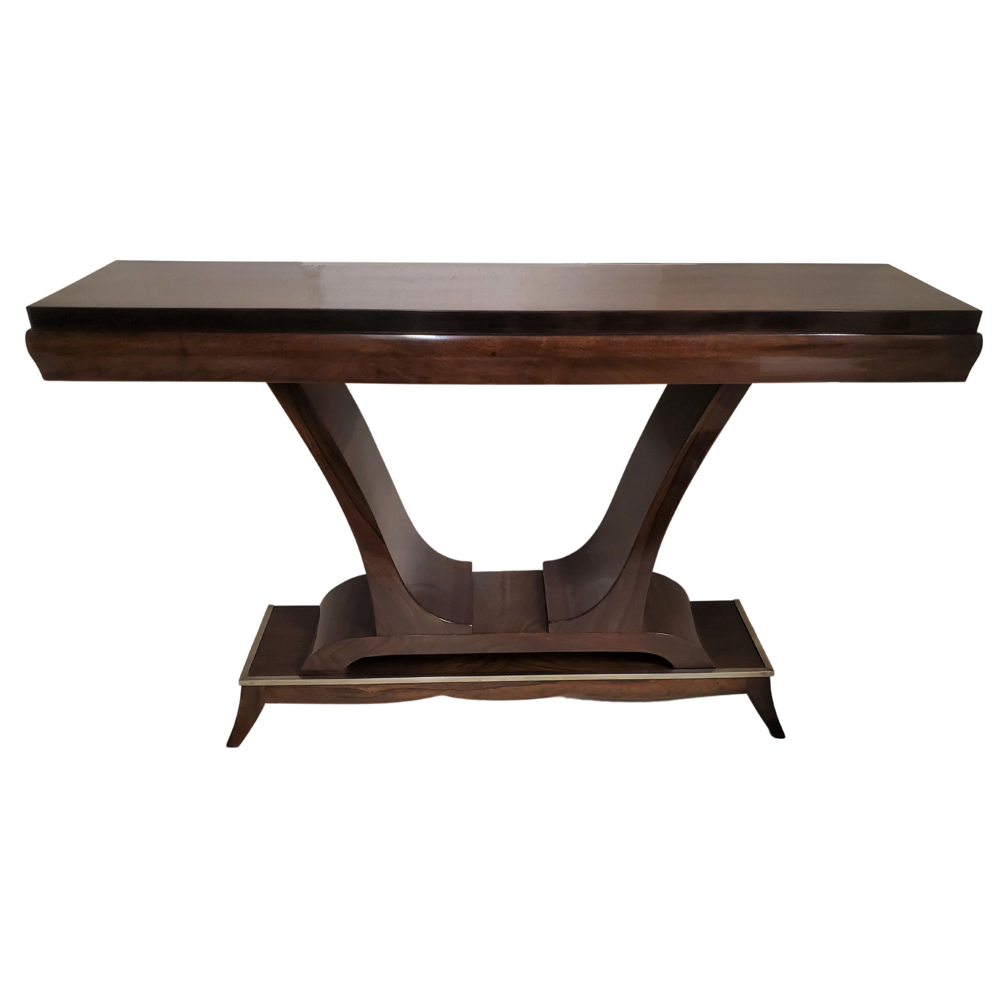  French Art Deco elegant palisander and walnut console with nickeled trim