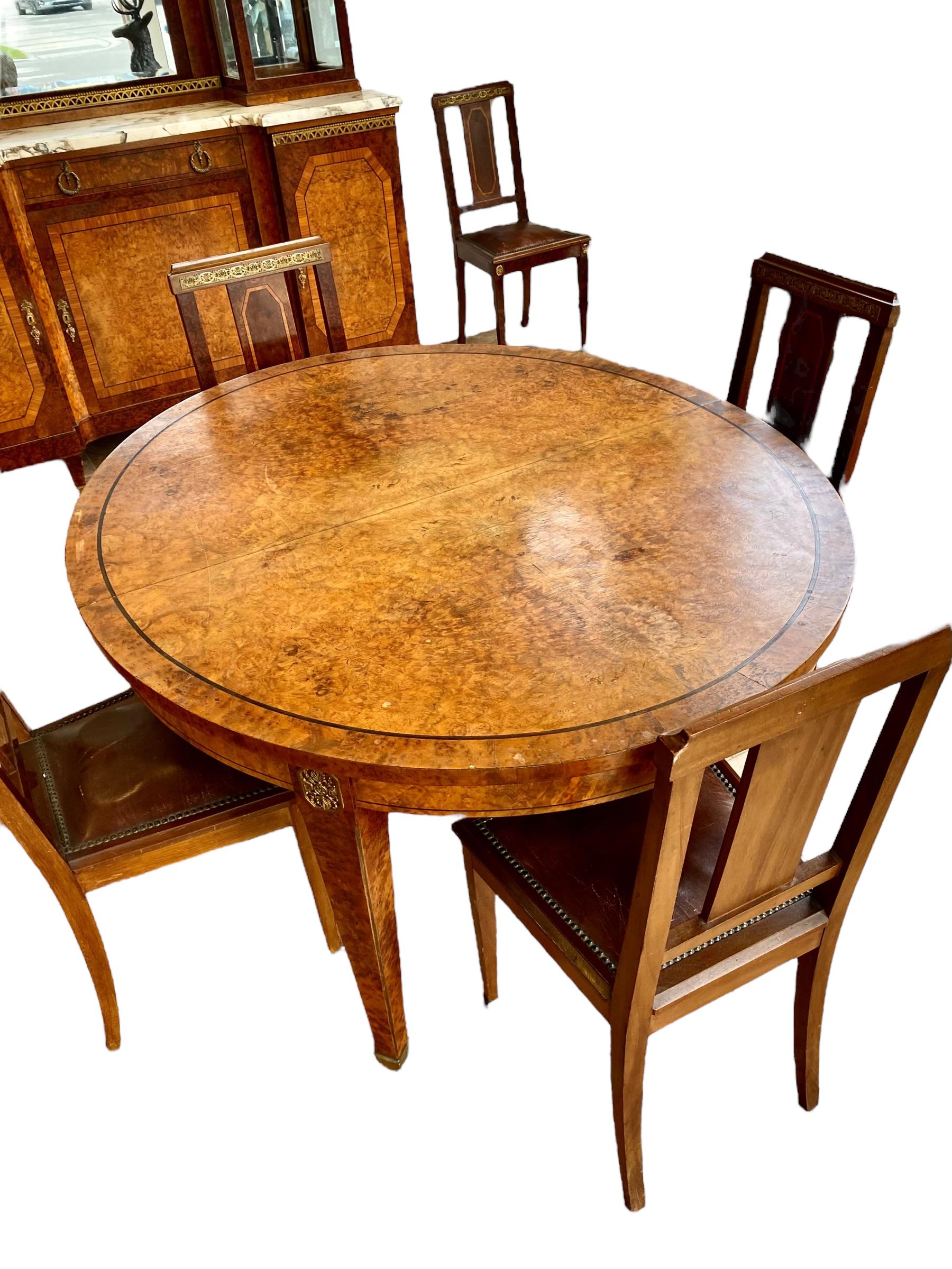 French Art Deco Eleven Piece Carved Inlaid Burled Walnut/Ormolu Dining Room For Sale 15