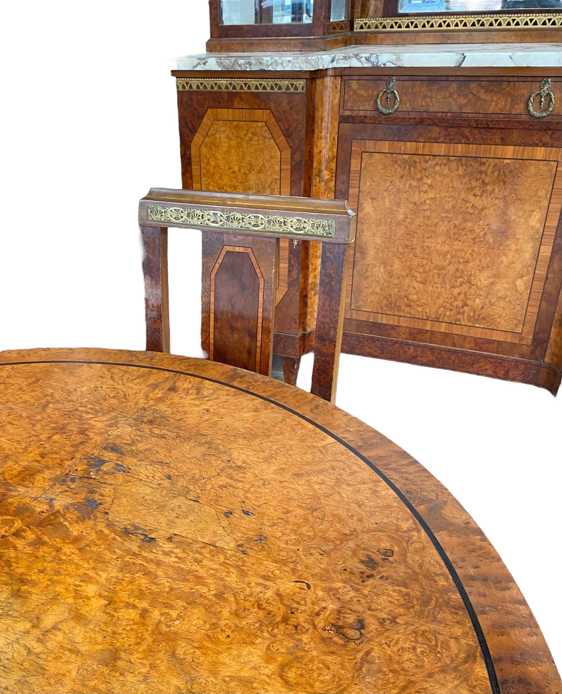 French Art Deco Eleven Piece Carved Inlaid Burled Walnut/Ormolu Dining Room For Sale 2