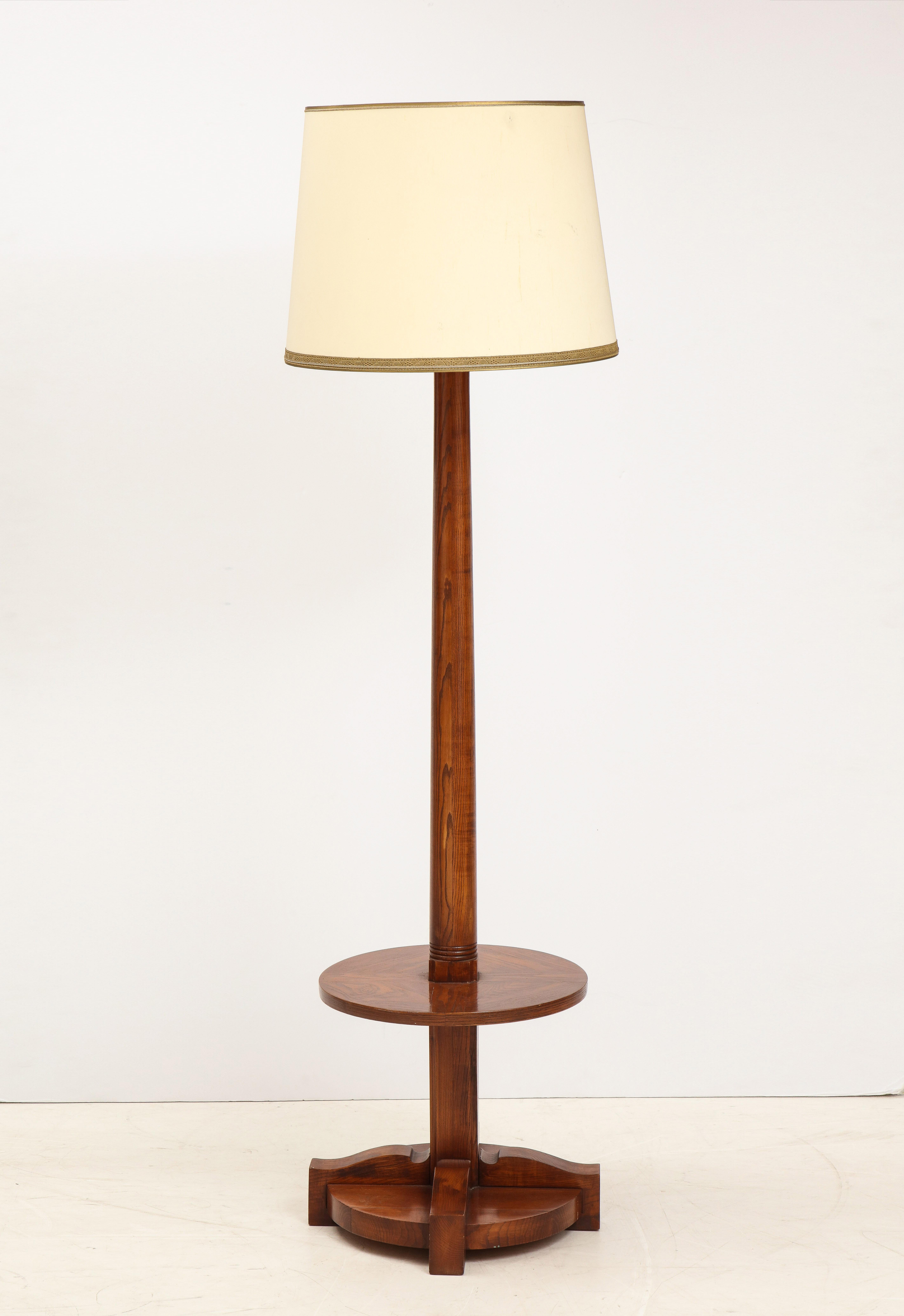 French Art Deco elmwood floor lamp gueridon in the style of Maison Dominique
height is to socket.