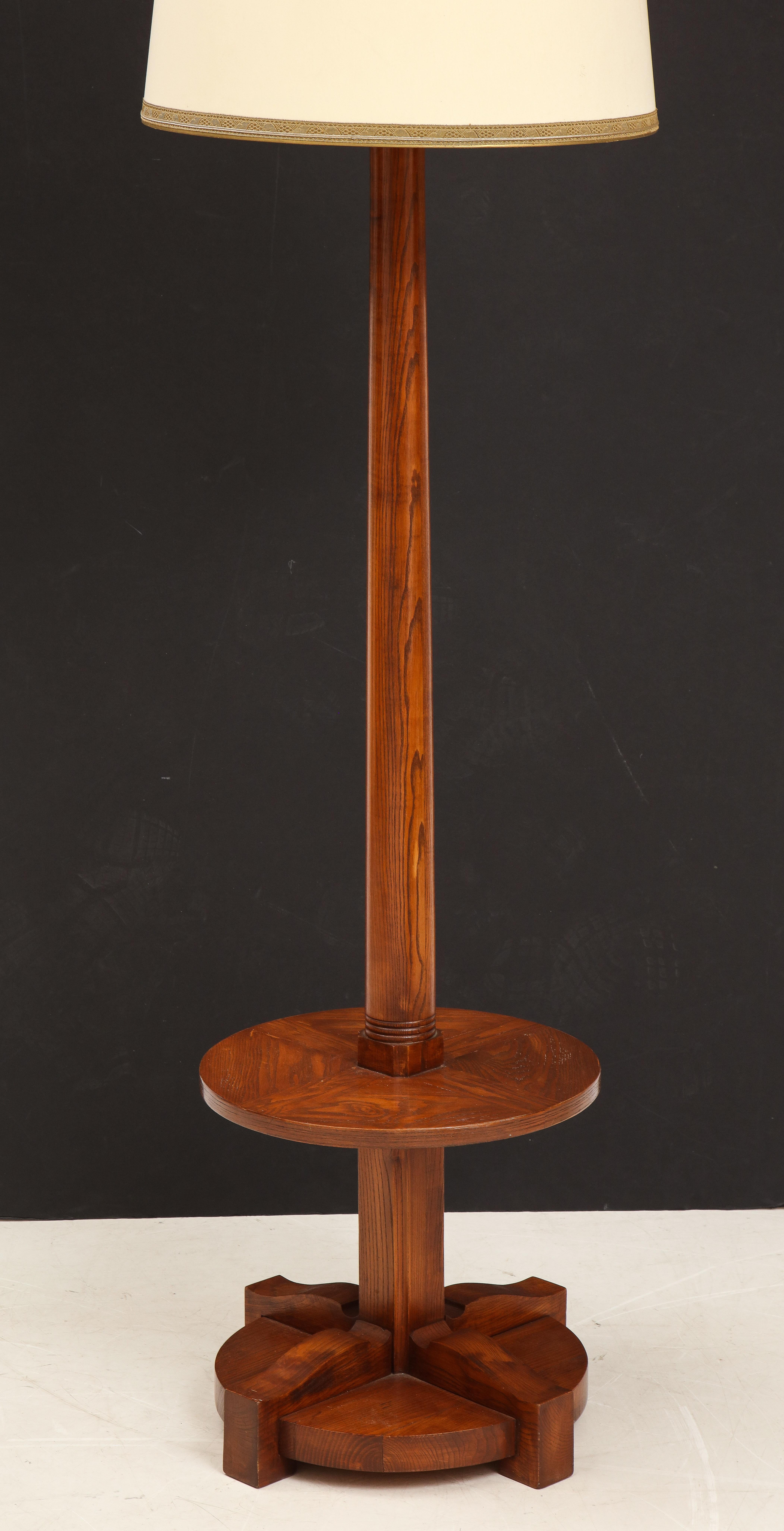 Walnut French Art Deco Elmwood Floor Lamp Gueridon in the Style of Maison Dominique