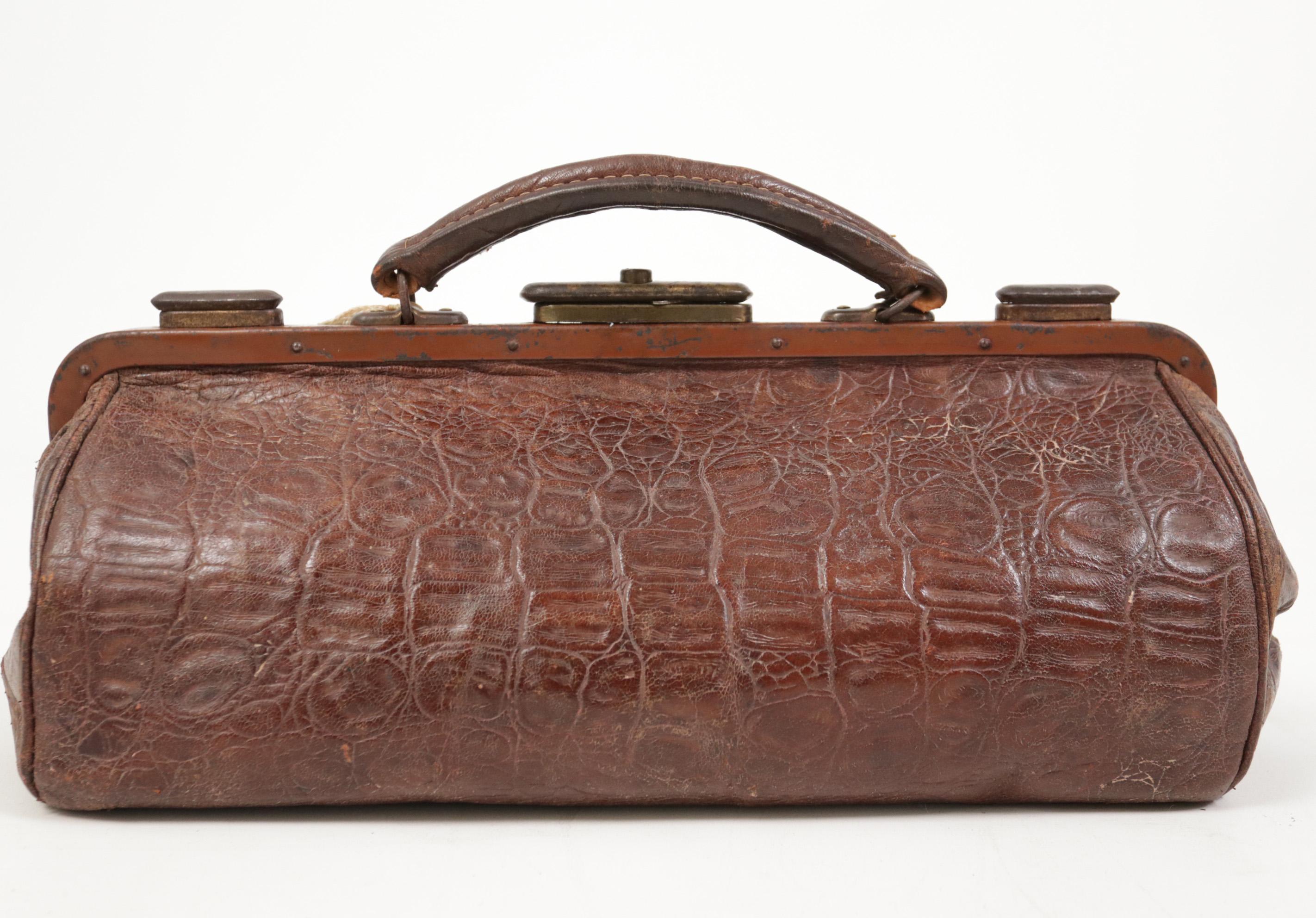 Early 20th Century French Art Deco Embossed Crocodile Leather Doctor’s Bag, c. 1920 For Sale