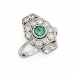 French Art Deco emerald diamond 18k white gold cocktail ring