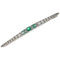 French Art Deco Emerald Diamond Platinum Bar Pin