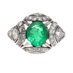 French Art Deco Emerald Diamond Platinum Ring