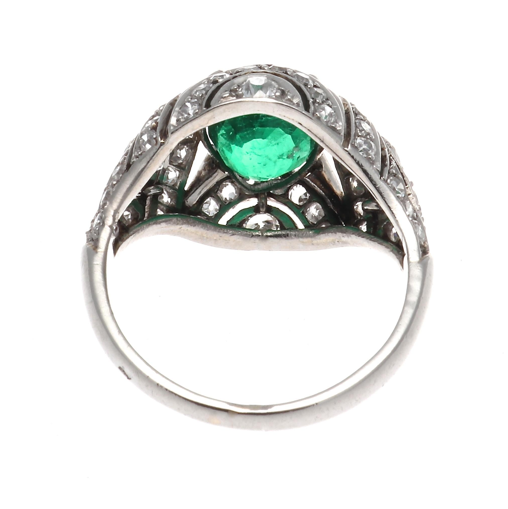 Women's French Art Deco Emerald Diamond Platinum Ring
