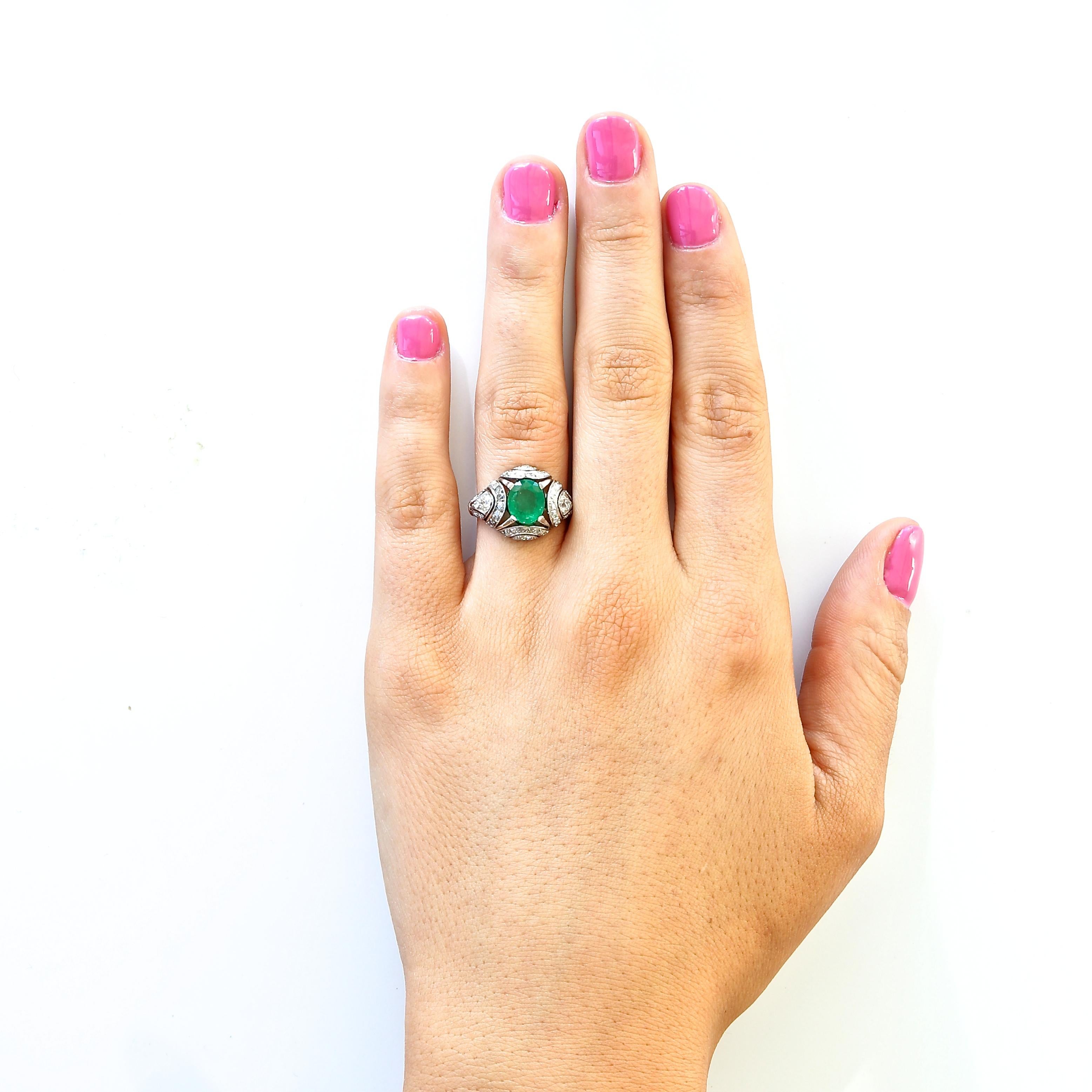 French Art Deco Emerald Diamond Platinum Ring 1