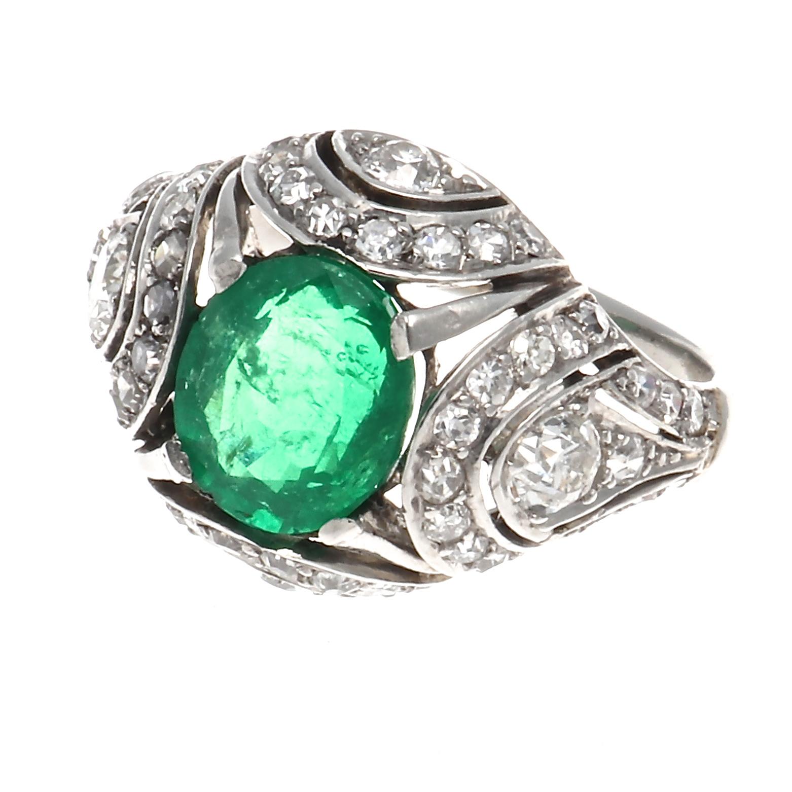 French Art Deco Emerald Diamond Platinum Ring
