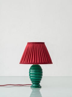 French Art Deco Emerald Green Ceramic Table Lamp, New Garnet Red Silk Shade
