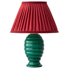 French Art Deco Emerald Green Ceramic Table Lamp, New Garnet Red Silk Shade