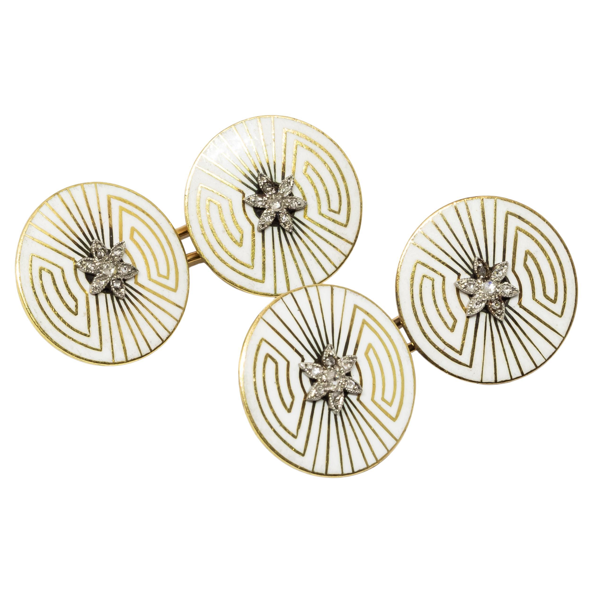 Boutons de manchette Art déco français en émail, diamants et or par Albert Clericetti, C. 1930