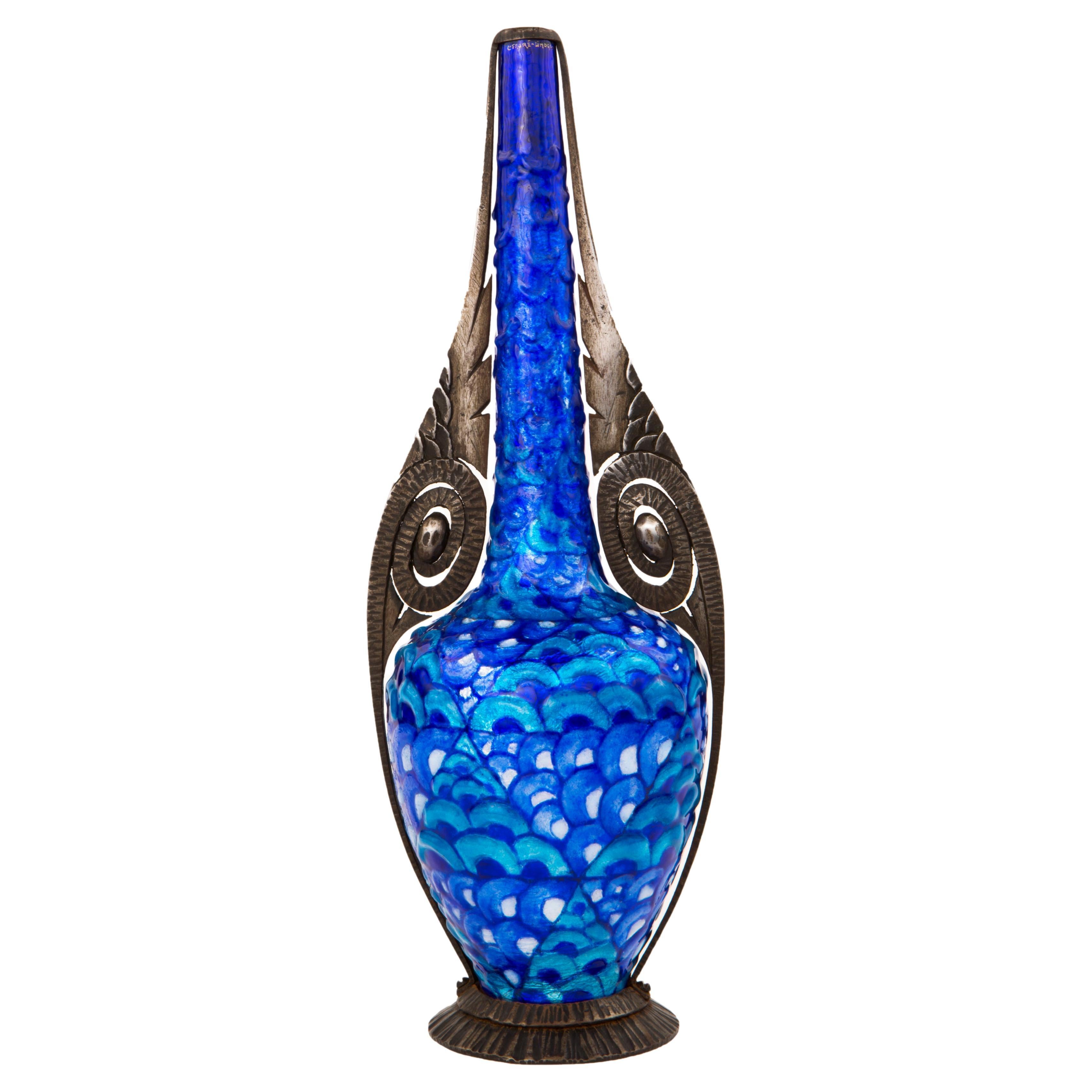 Vase décoré en fer forgé et émaillé Art Déco par Camille Fauré