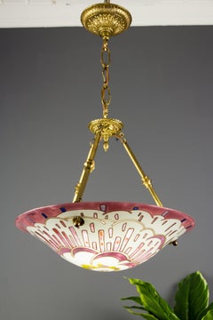 French Art Deco Enameled Glass Pendant Light Signed by Maxonade, Paris, 1930s