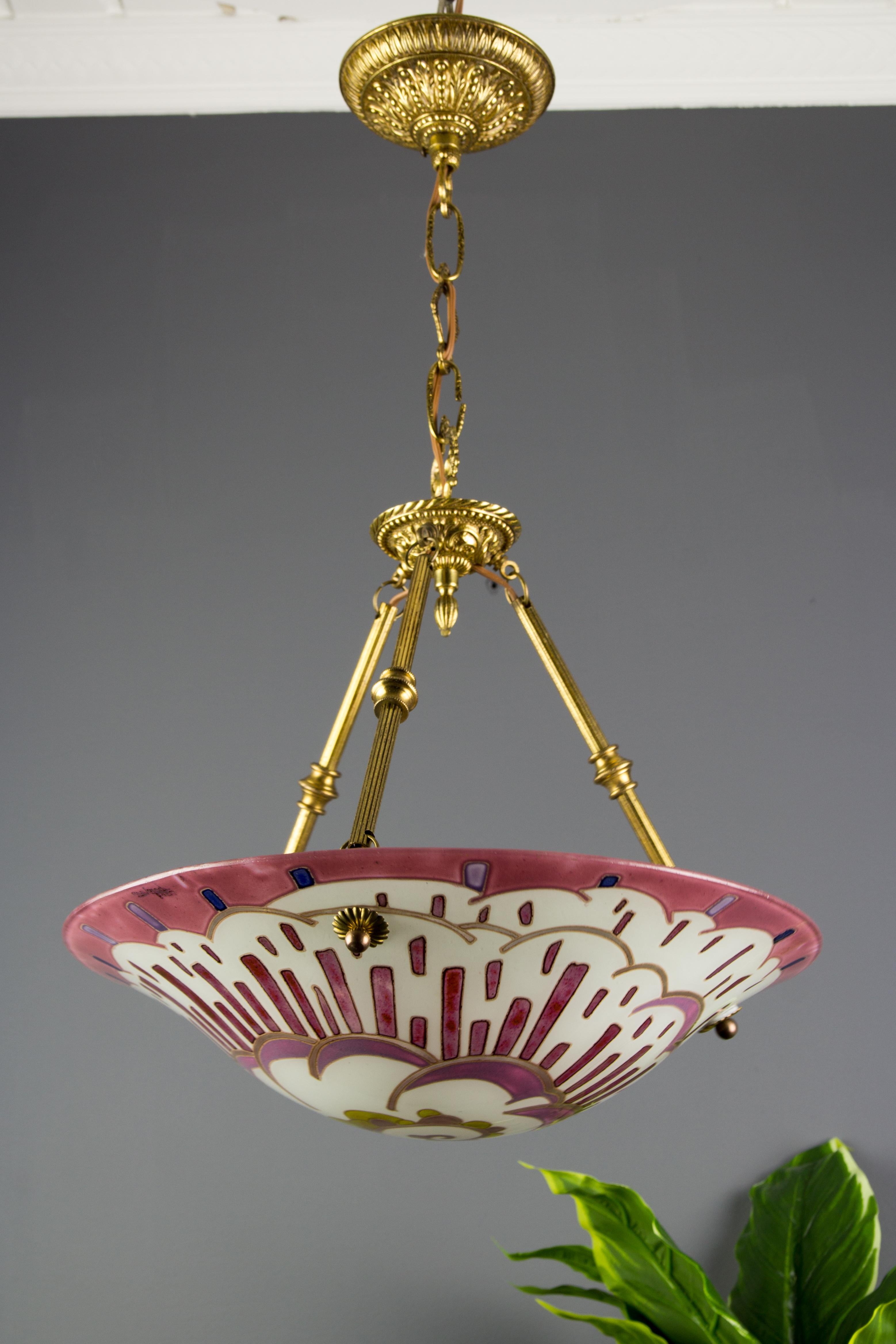 French Art Deco Enameled Glass Pendant Light Signed by Maxonade, Paris, 1930s In Good Condition In Barntrup, DE