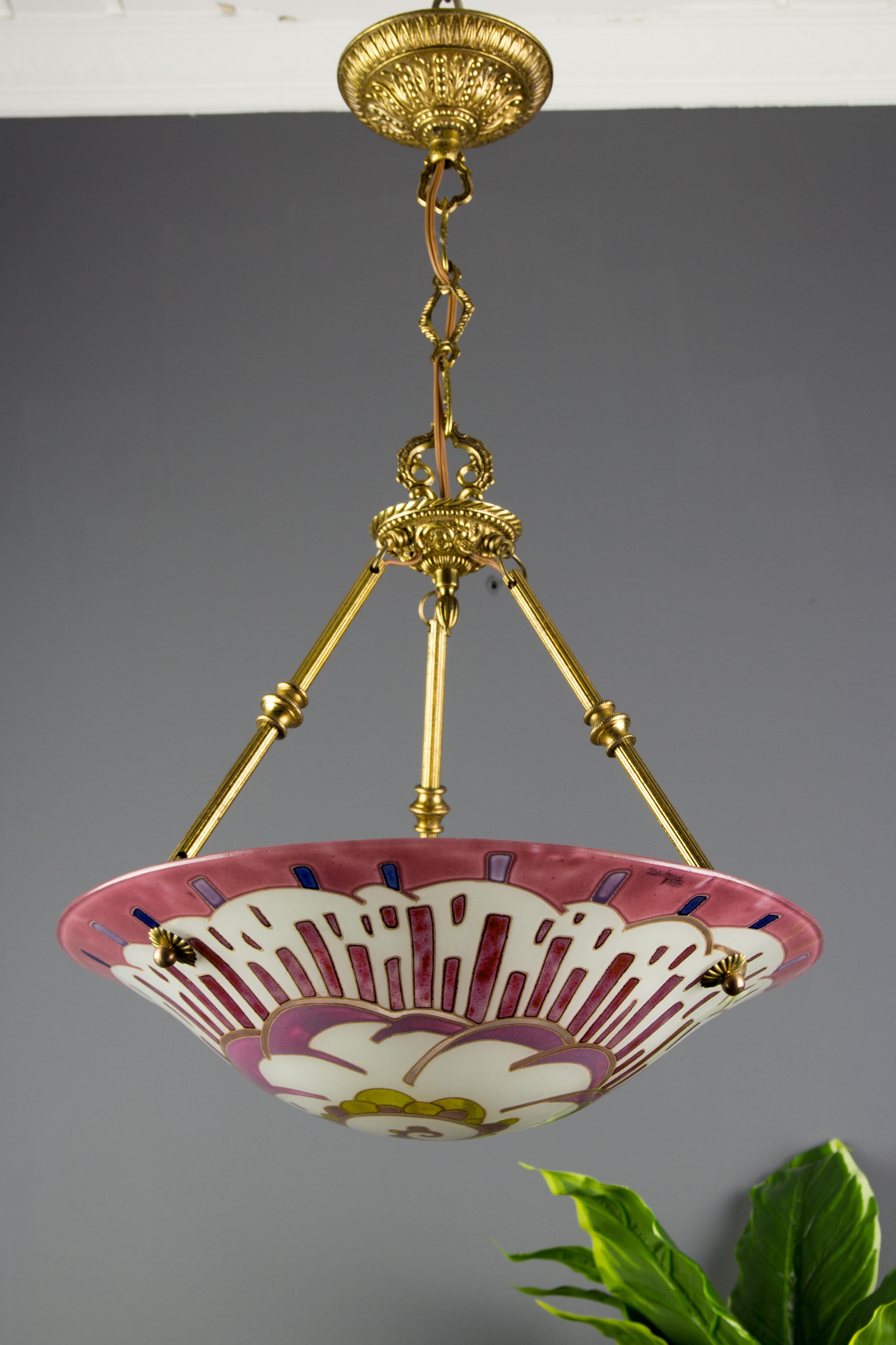 Mid-20th Century French Art Deco Enameled Glass Pendant Light Signed by Maxonade, Paris, 1930s