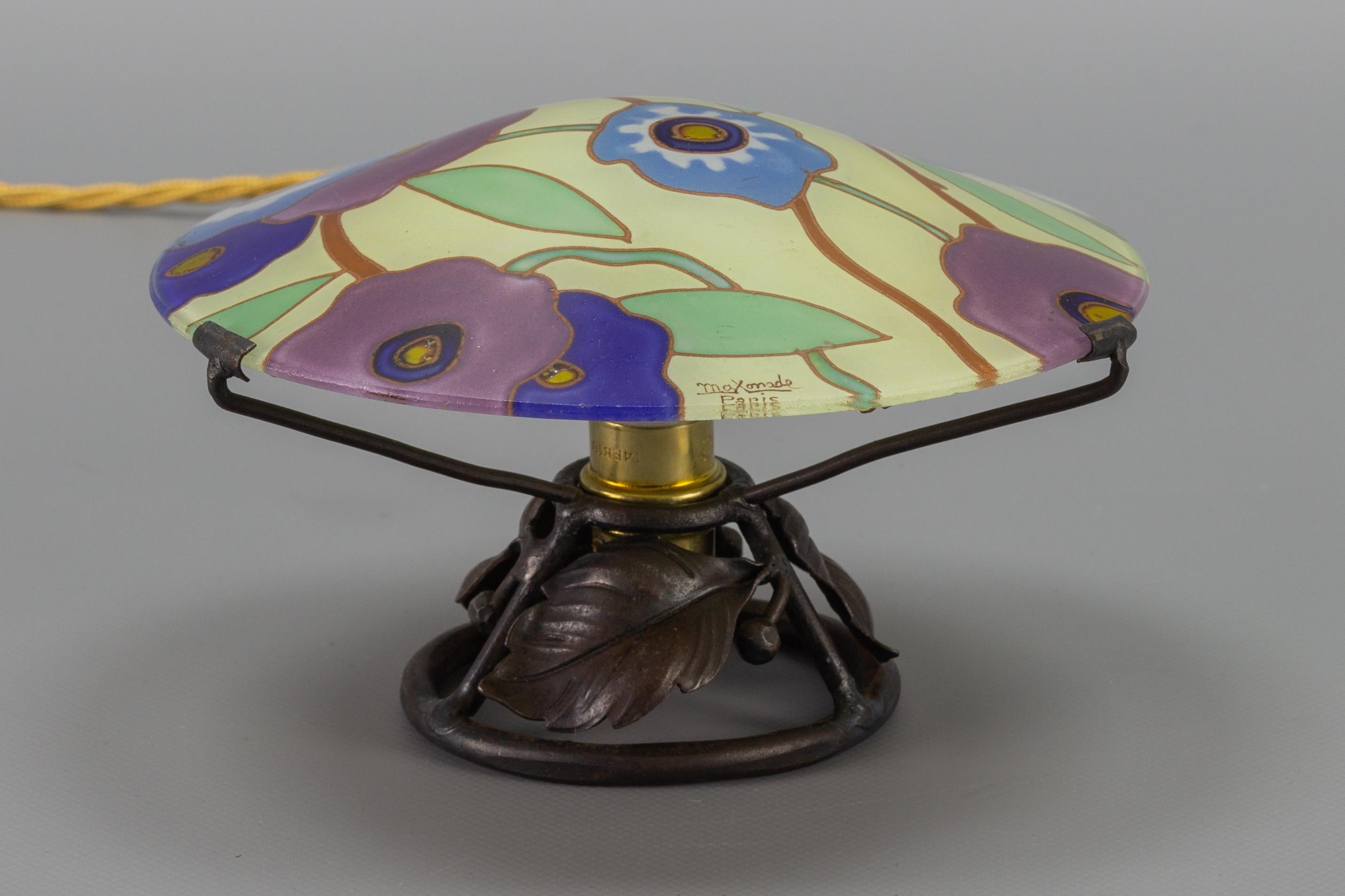 French Art Deco Enameled Glass Table Lamp by Maxonade Verrier D'Art, Paris For Sale 5