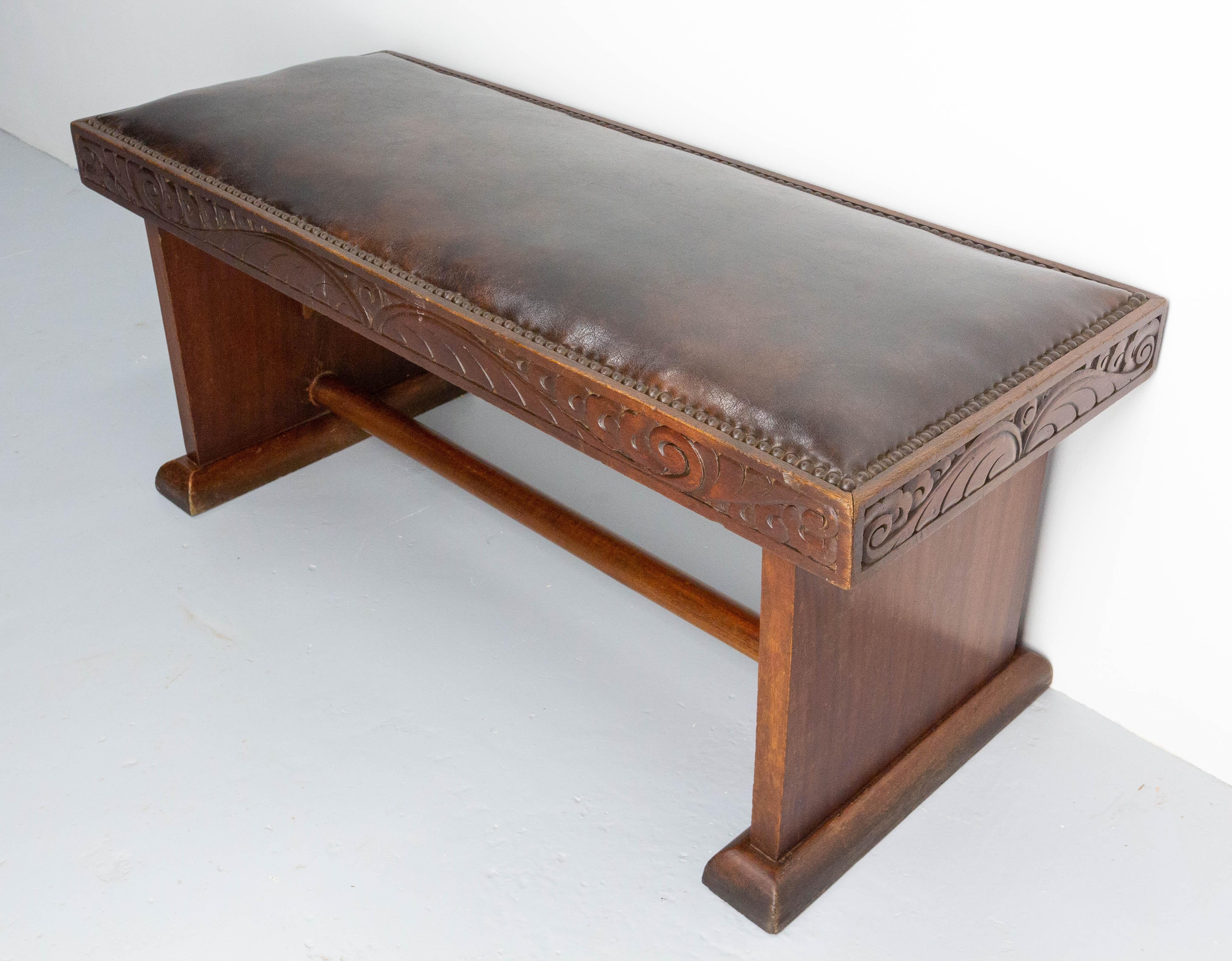 French Art Deco End of Bed or Entry Hall Bench Iroko and Leather, circa ...