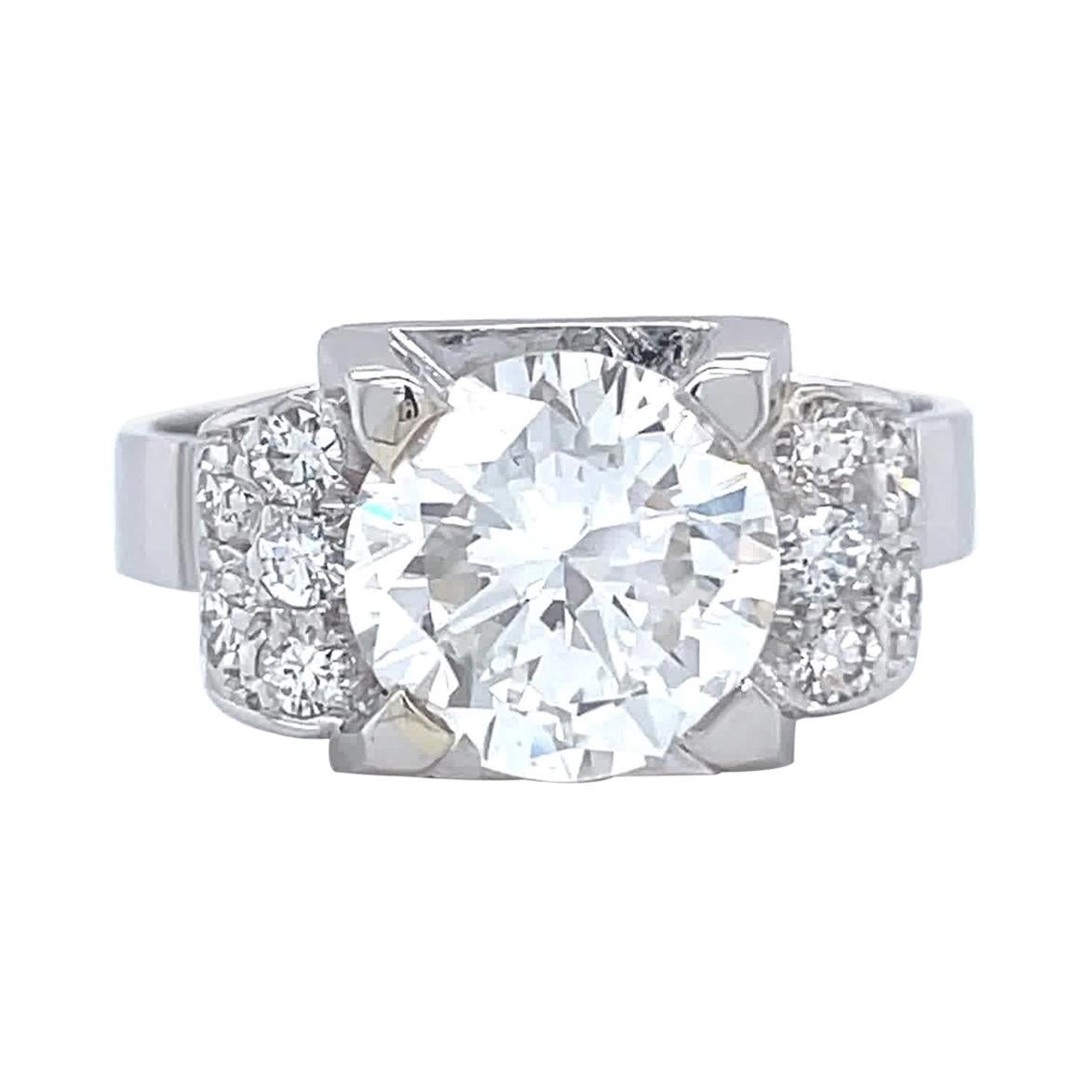 French Art Deco Engagement Ring GIA 2.24 Brilliant Cut Diamond Platinum Ring