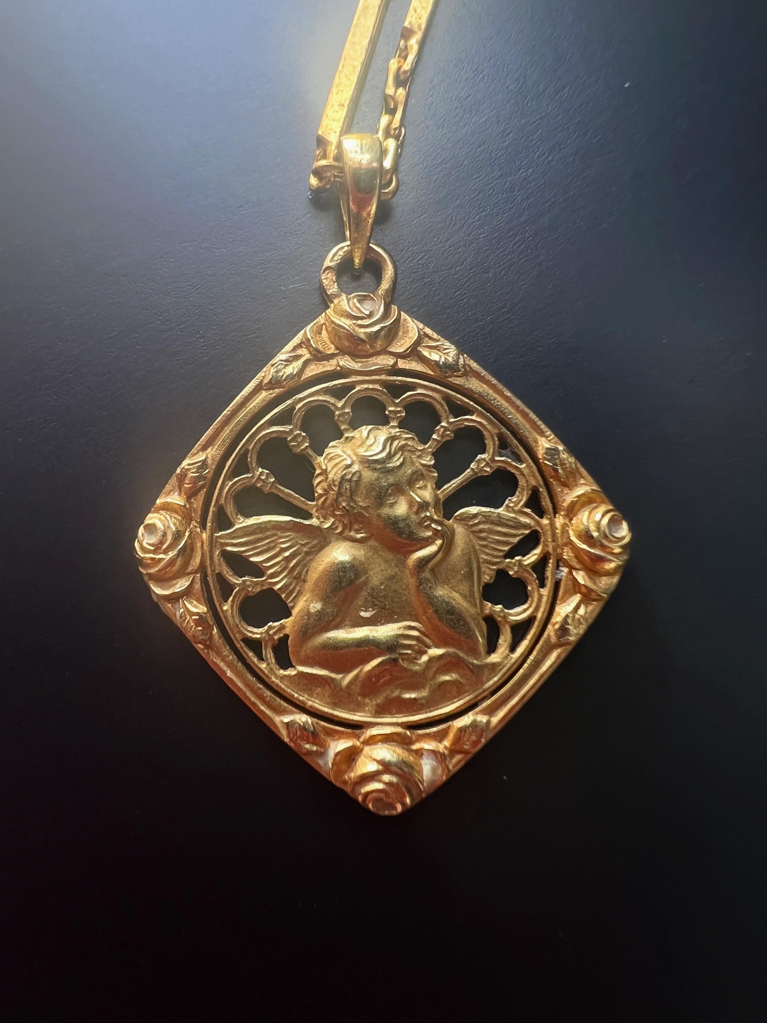 For sale a beautiful French work, 18K gold medal featuring the Angel Raphael. (“L’ange penseur de Raphael”). It is dated back to the 1930s, the Art Deco era.

Angel is the symbol of love and this medal is skilfully crafted with remarkable details: