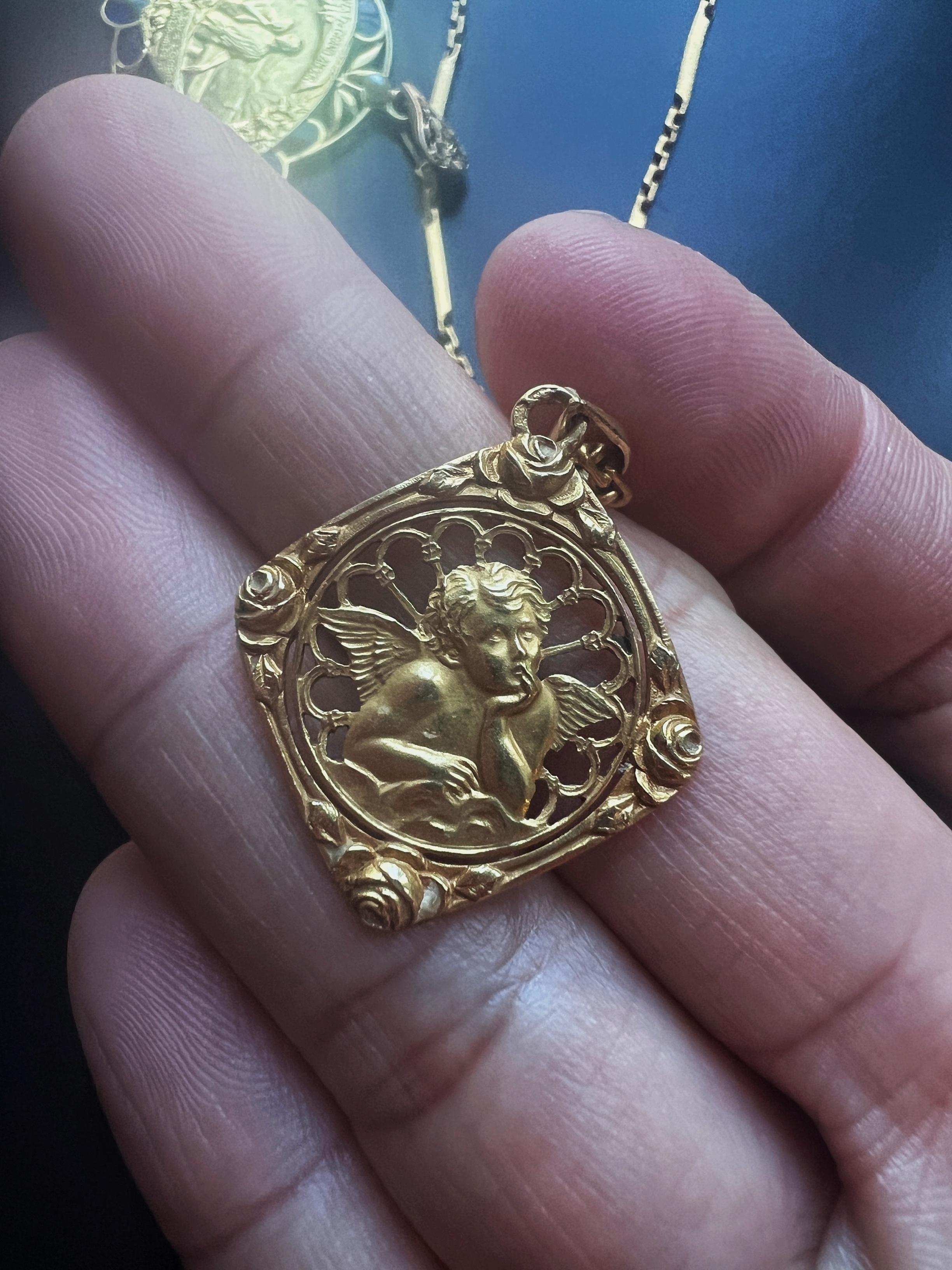 Art Nouveau French Art Deco Era 18K Gold Angel Raphael Medal Pendant