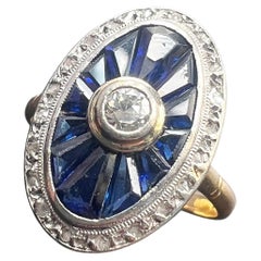 French Art Deco Era 18k Gold Diamond Blue Sapphire Ring