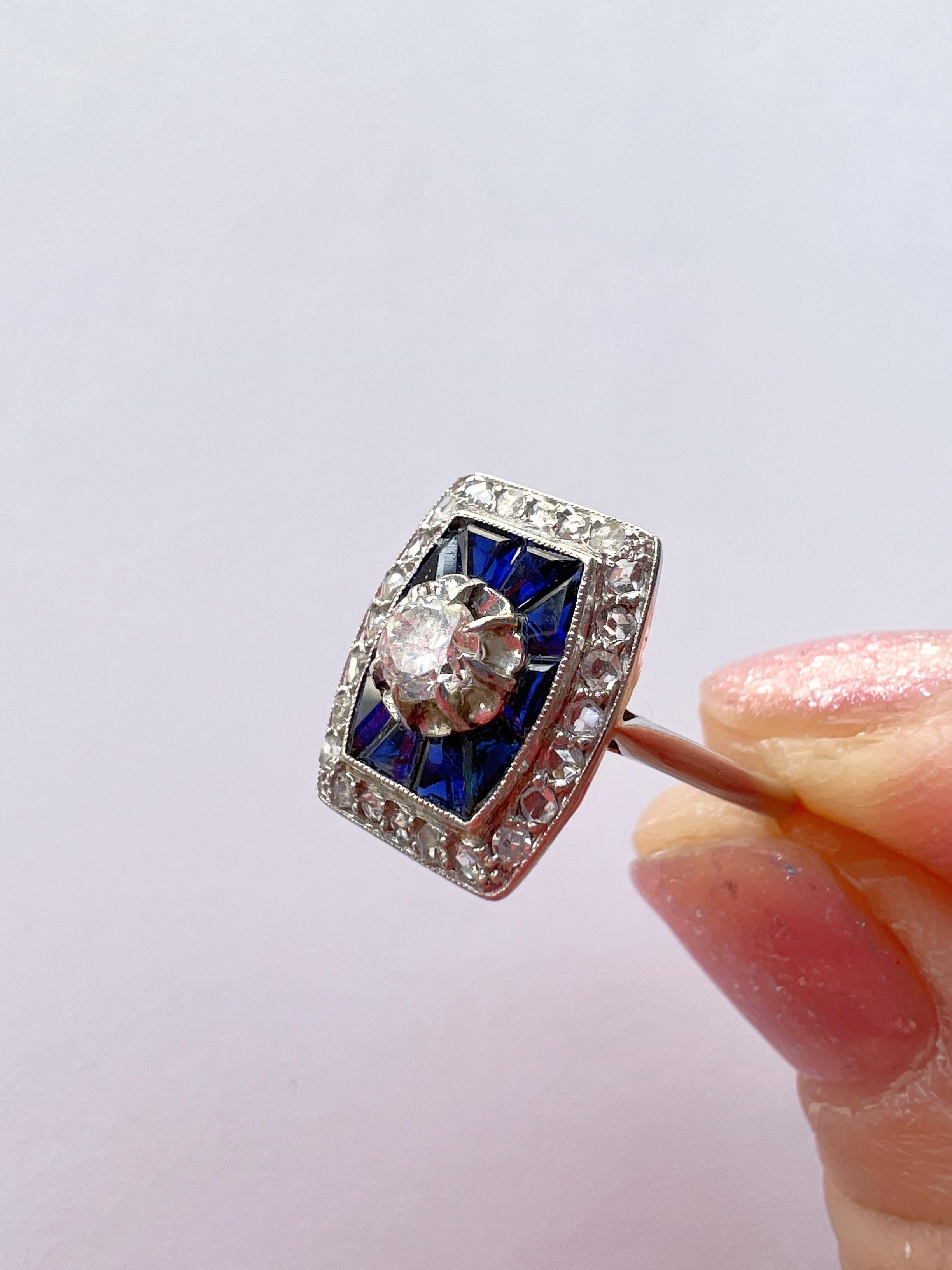French Art Deco Era 18k White Gold Diamond Blue Sapphire Ring 1