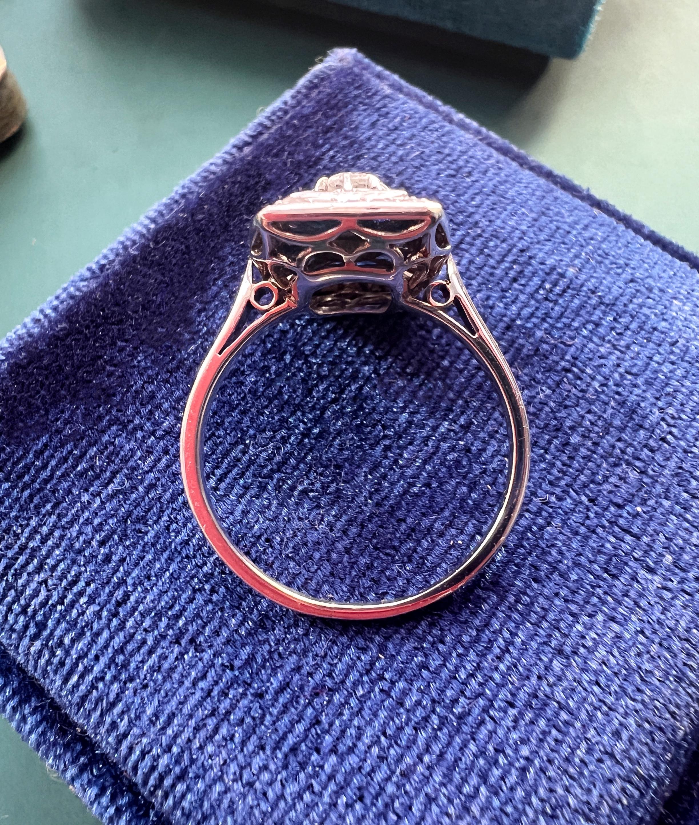 French Art Deco Era 18k White Gold Diamond Blue Sapphire Ring For Sale 4