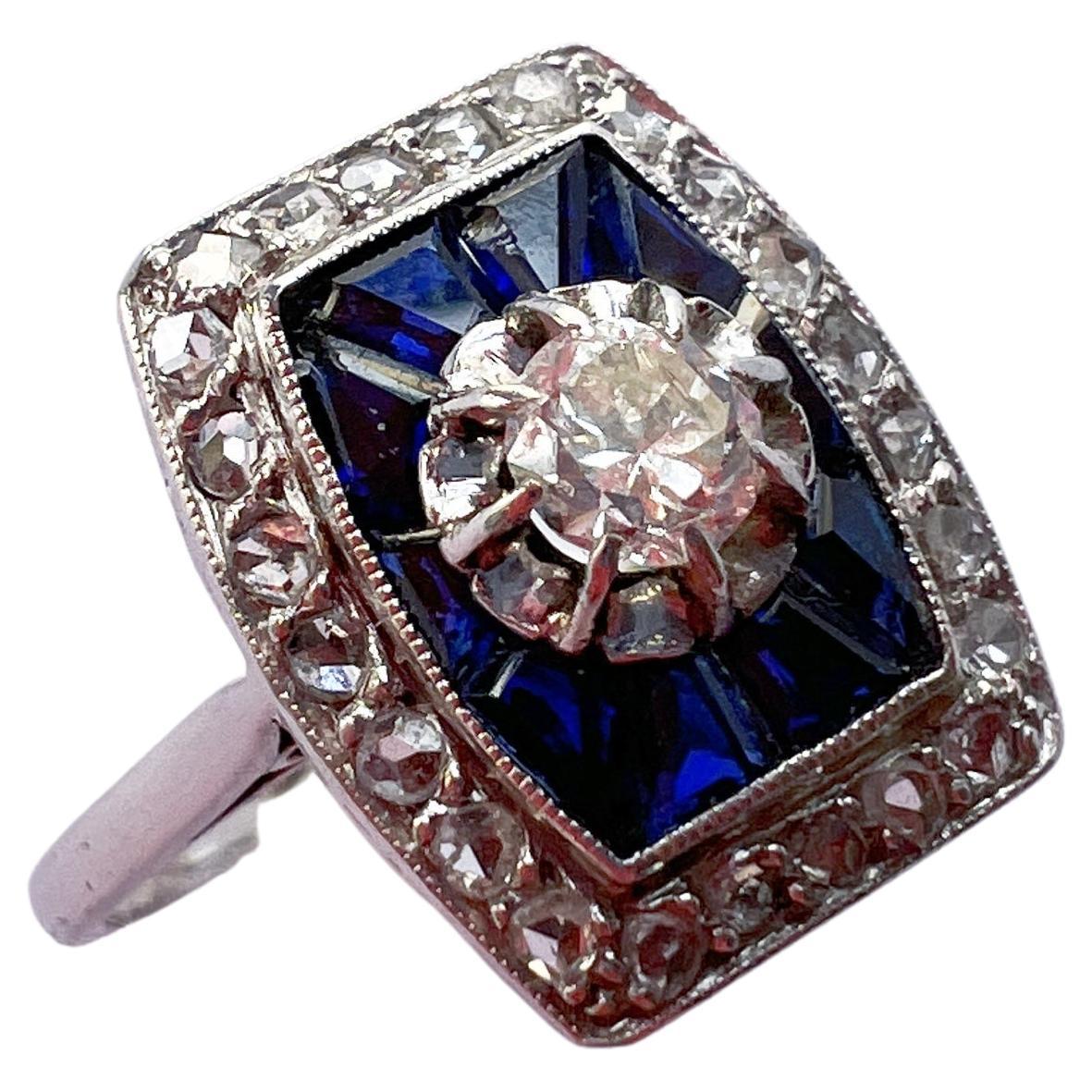 French Art Deco Era 18k White Gold Diamond Blue Sapphire Ring For Sale