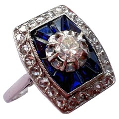 Antique French Art Deco Era 18k White Gold Diamond Blue Sapphire Ring