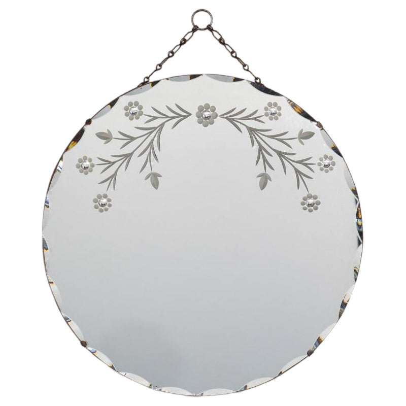 French Art Deco Etched Circular Beveled Mirror