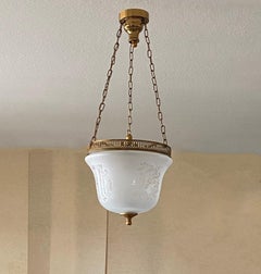 French Art Deco Etched Glass Brass Bell Lantern Cloche Pendant, 1930s