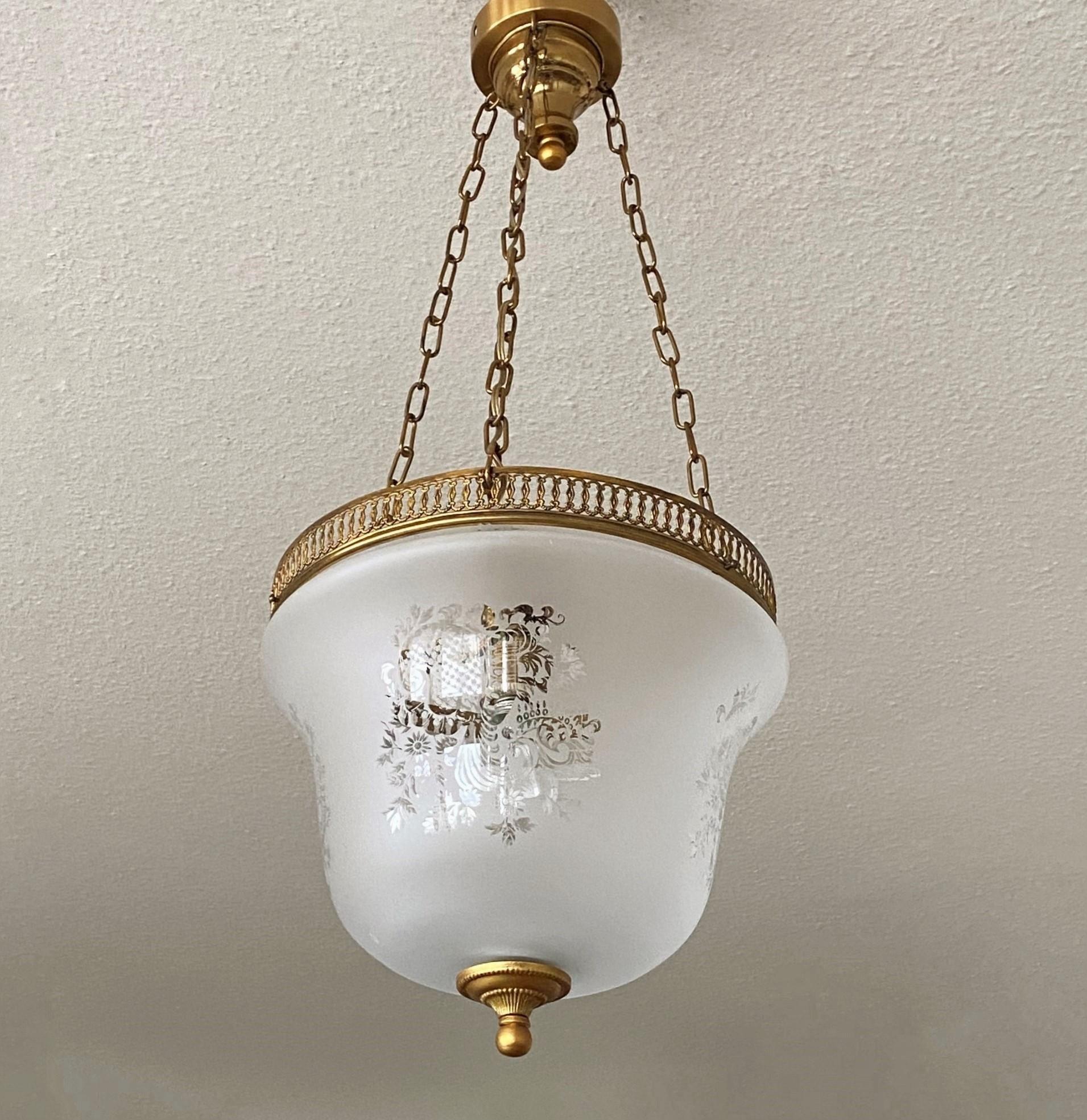 French Art Deco Etched Glass Brass Bell Lantern Cloche Pendant, 1930s For Sale 3