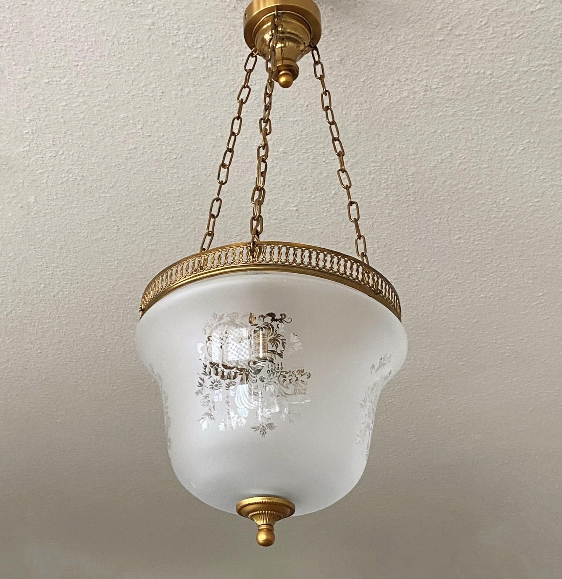 French Art Deco Etched Glass Brass Bell Lantern Cloche Pendant, 1930s 3