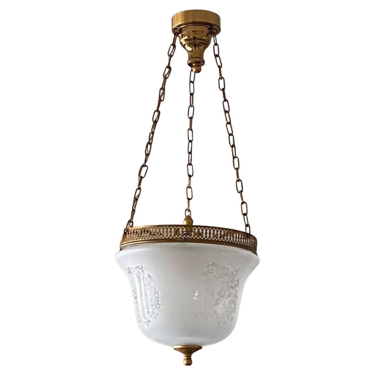 French Art Deco Etched Glass Brass Bell Lantern Cloche Pendant, 1930s For Sale