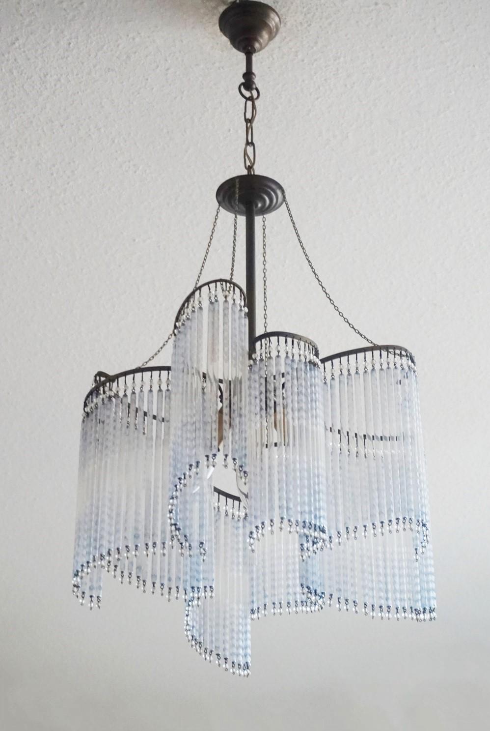 Burnished French Art Deco Etched Glass Rod Three-Light Chandelier, 1930s