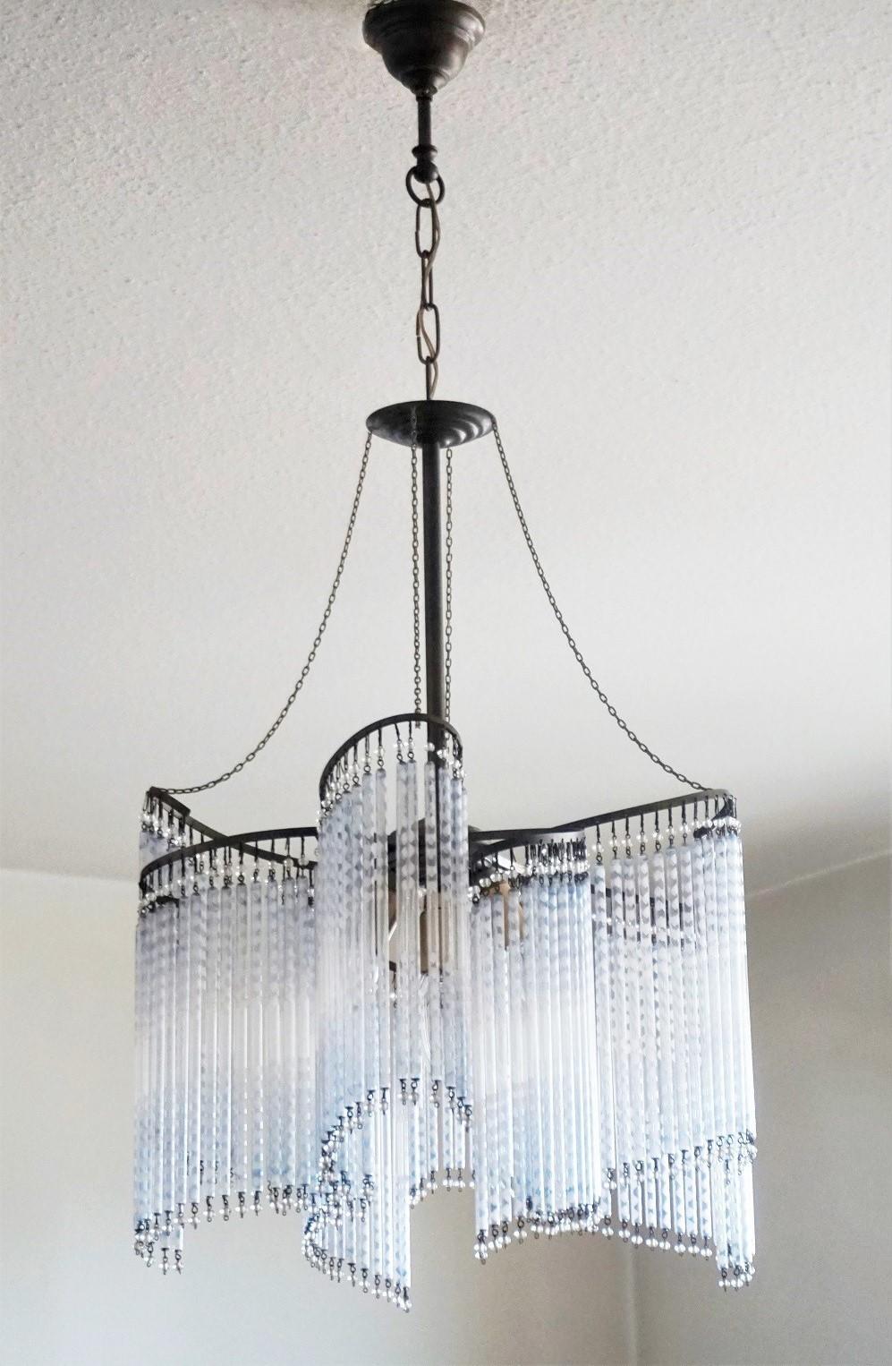 French Art Deco Etched Glass Rod Three-Light Chandelier, 1930s In Good Condition In Frankfurt am Main, DE