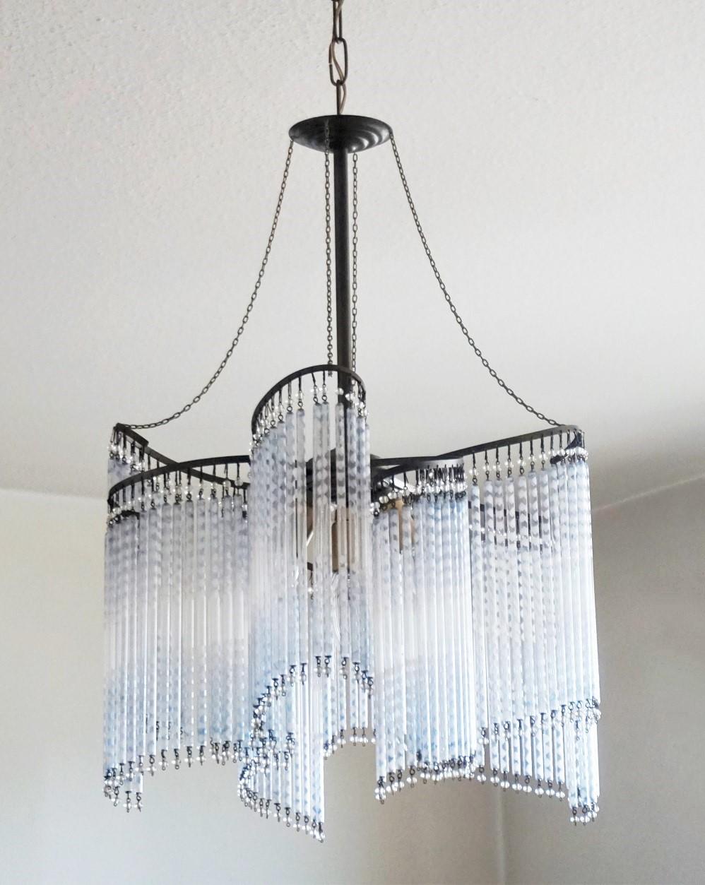 Mid-20th Century French Art Deco Etched Glass Rod Three-Light Chandelier, 1930s